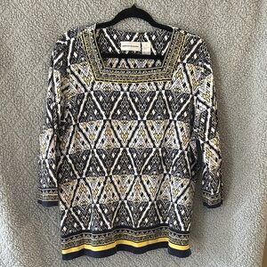 Alfred Dunner Navy and Yellow Geometric Blouse